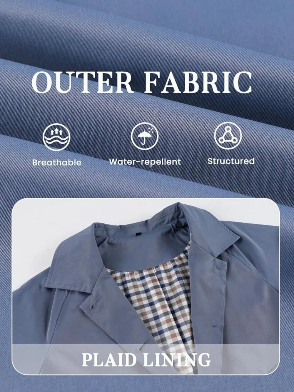 Women's Short Trench Jacket Plaid Lining Button Front with Pockets Blue Grey